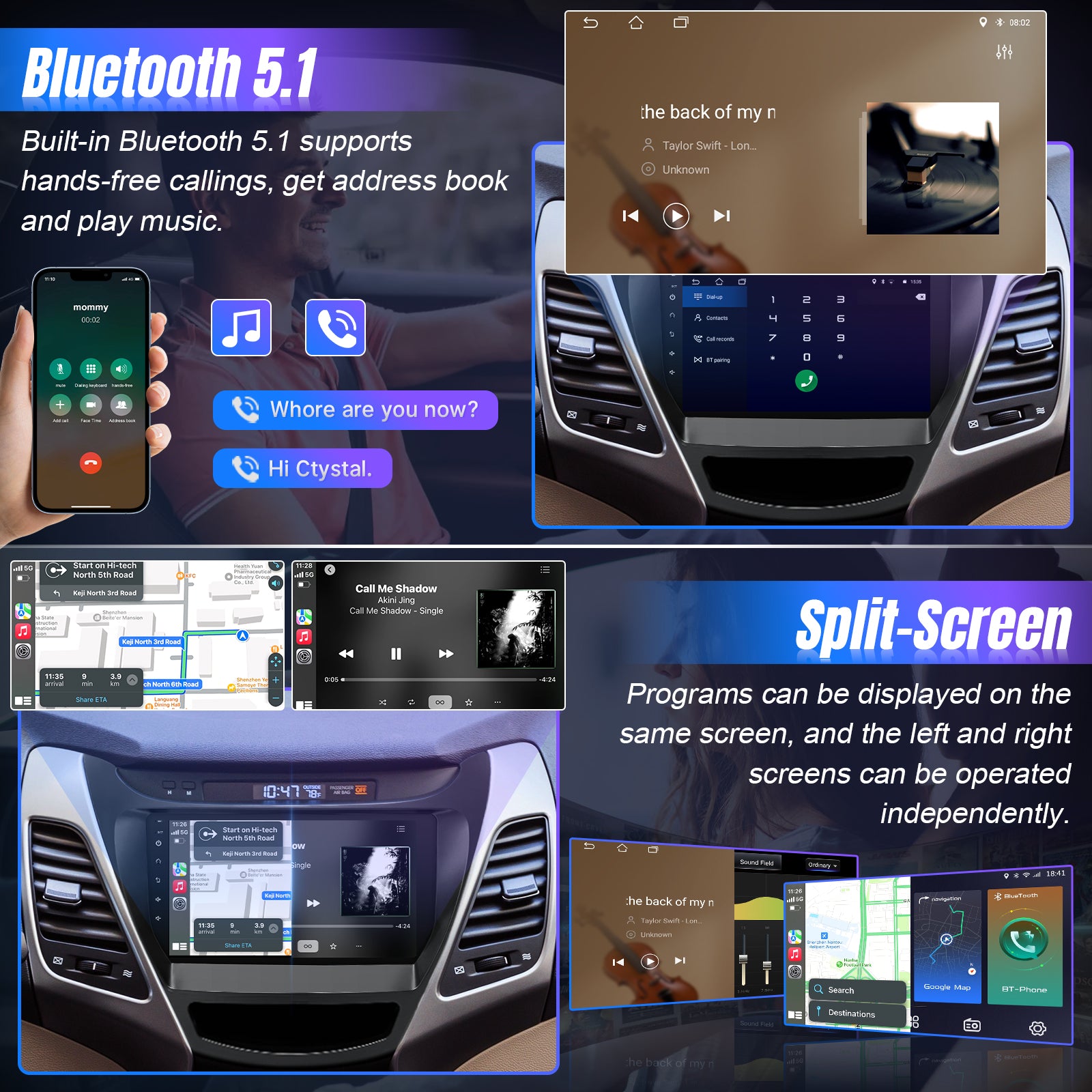 Leadfan Wireless CarPlay Android Auto for Hyundai Elantra 2014 2015 2016 Stereo Radio, 9 inch Touch Screen in-Dash GPS Navigation Display Bluetooth WiFi Mirror Link FM Backup Camera SWC