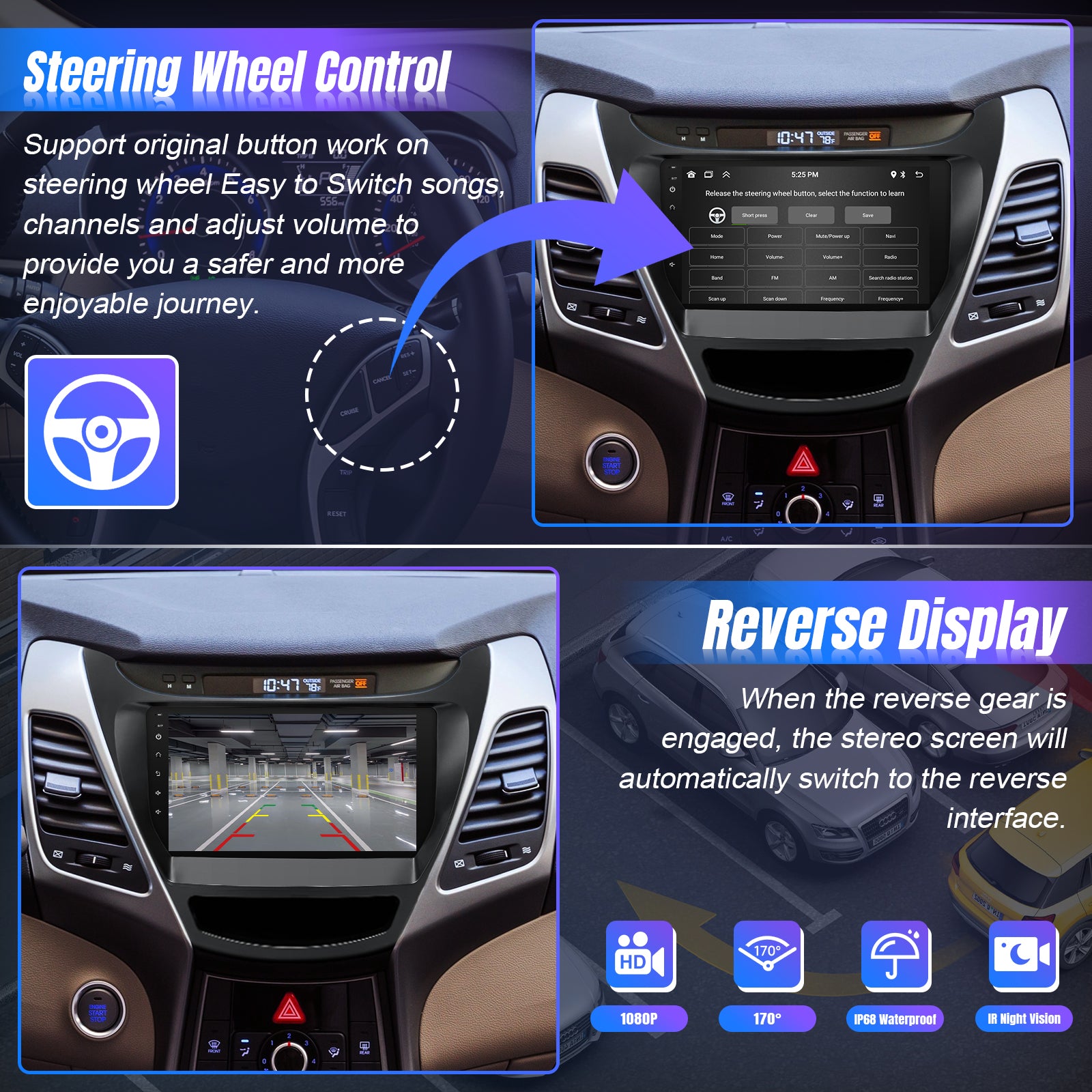 Leadfan Wireless CarPlay Android Auto for Hyundai Elantra 2014 2015 2016 Stereo Radio, 9 inch Touch Screen in-Dash GPS Navigation Display Bluetooth WiFi Mirror Link FM Backup Camera SWC